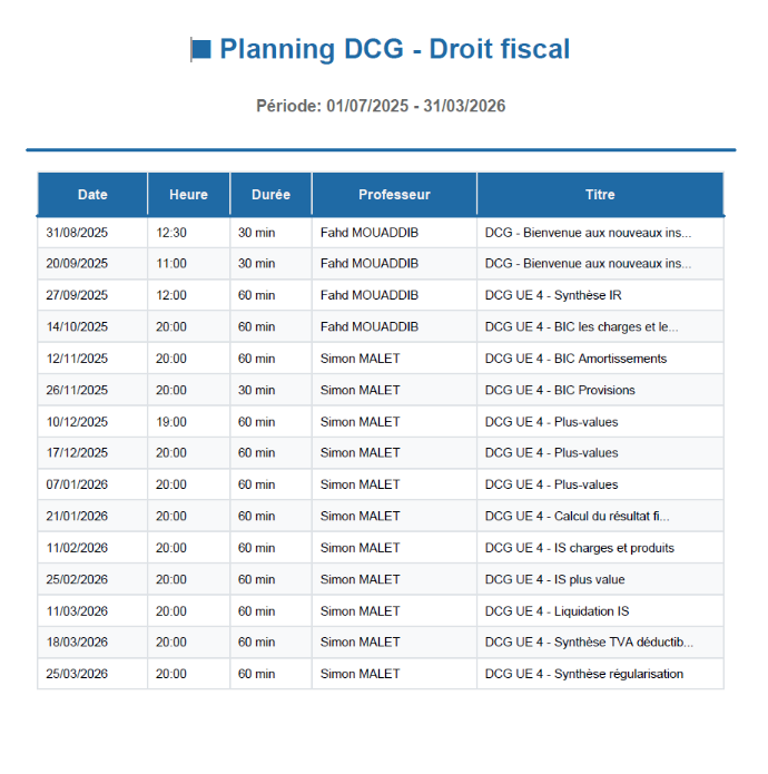 Planning des Lives DCG UE 4