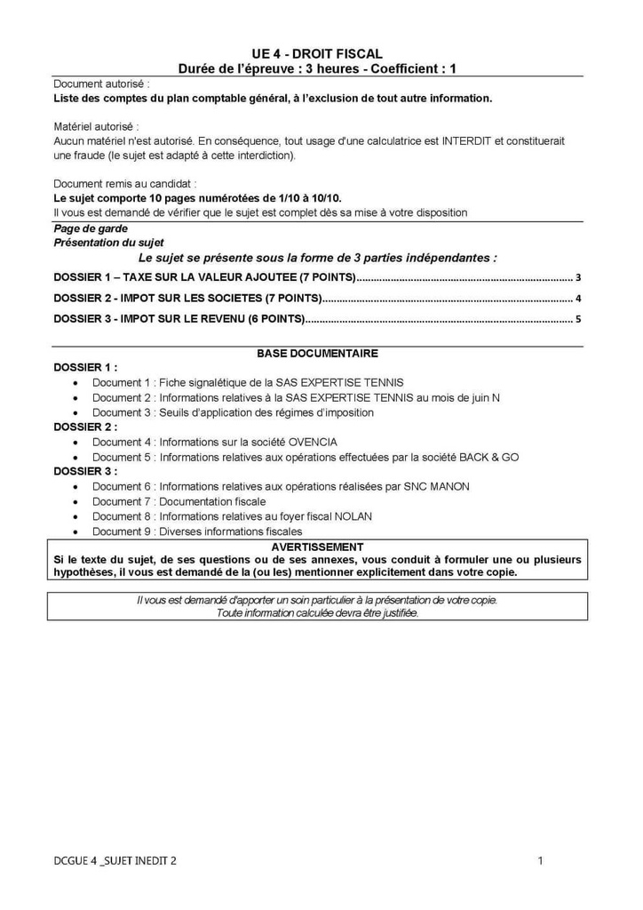 Sujet inédit 2 - DCG UE 4 - Droit fiscal